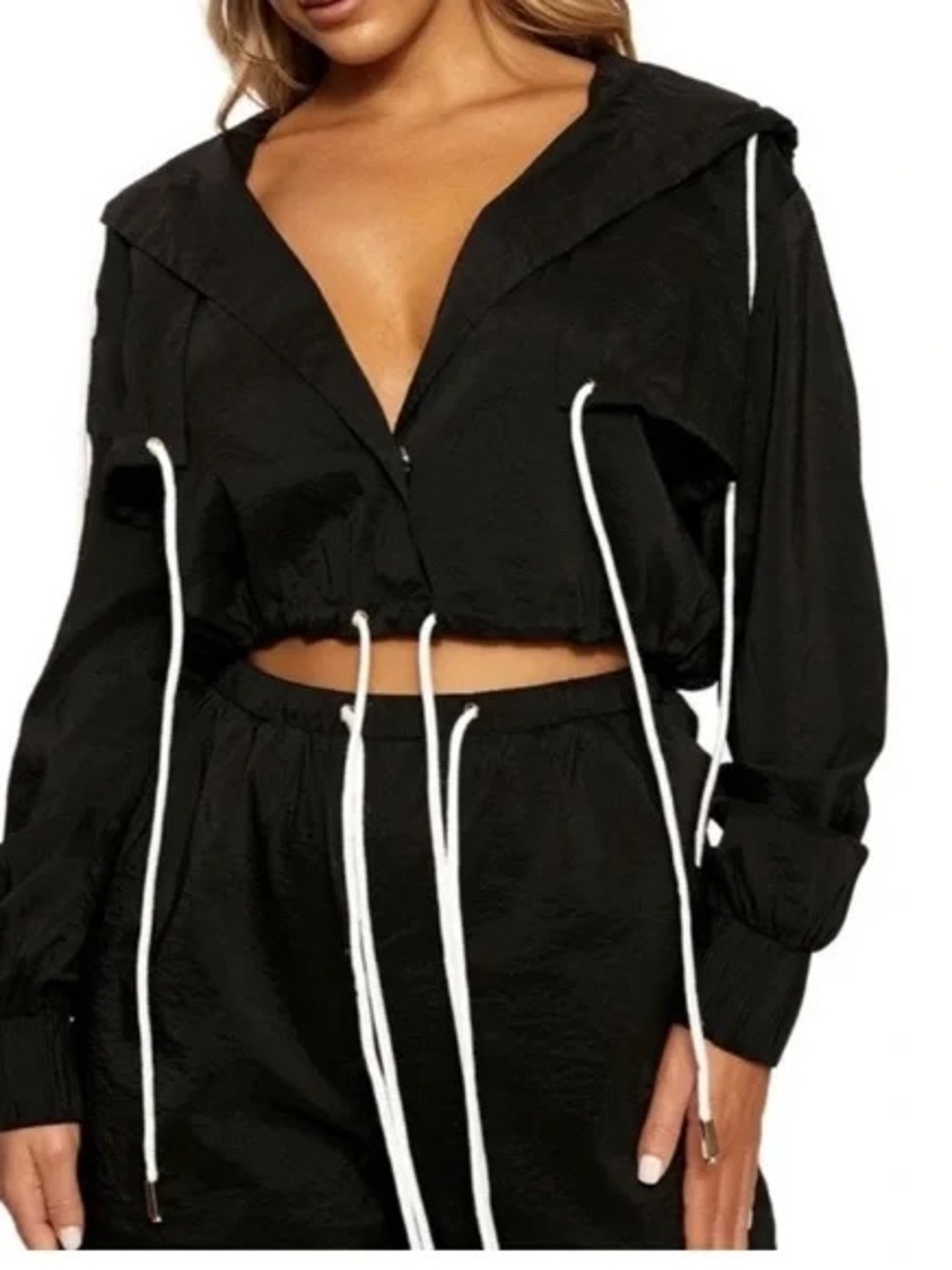 naked wardrobe Black Hooded Jacket with White Drawstrings